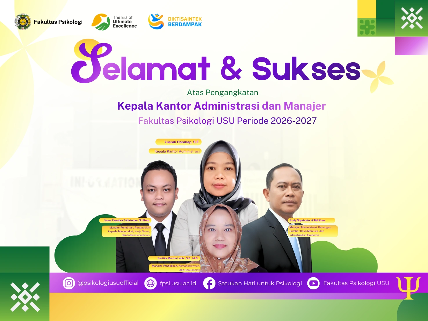 Fakultas Psikologi USU Sampaikan Selamat atas Terpilihnya Kepala Kantor Administrasi dan Para Manajer Periode 2026 - 2027